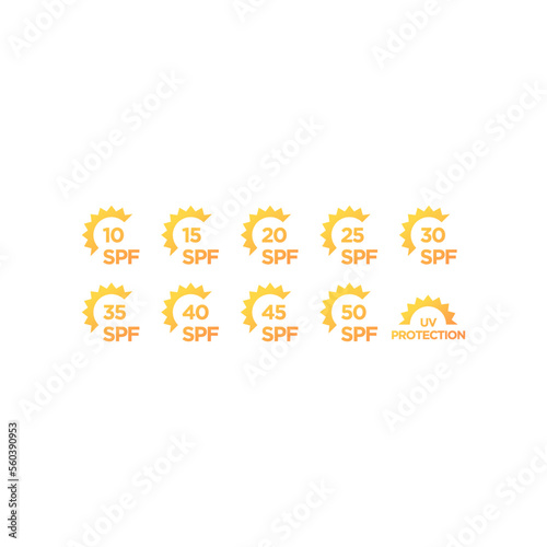 Ultraviolet protection, radiation sign. Sun danger and sunblock cream solution icon logo set collection label. Vector EPS 10
