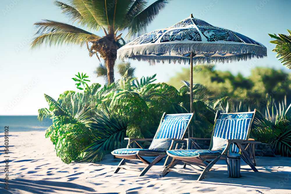 Beach chairs, umbrella and palms on the beach.  Generative AI.