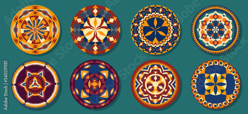 Set of Ethnic decorative elements. Round ornament pattern. Collection of mandalas in tribal style.