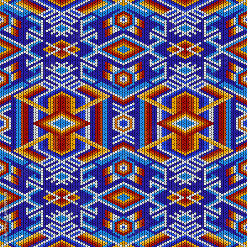 Tribal geometric ornament with Mexican Huichol art style. Native American beading. Ethnic seamless pattern.