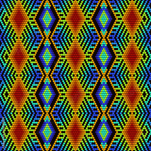 Tribal geometric ornament with Mexican Huichol art style. Native American beading. Ethnic seamless pattern.