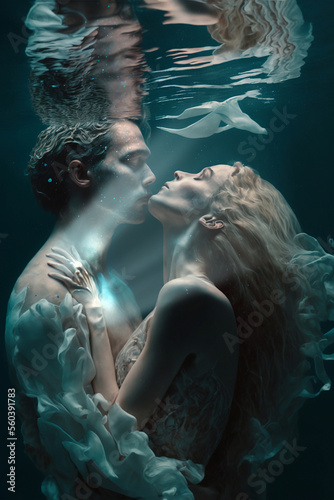 Soulmates encountering and kissing each other in a quantum liquid dimension. Generative AI, this image is not based on any original image, character or person.	
