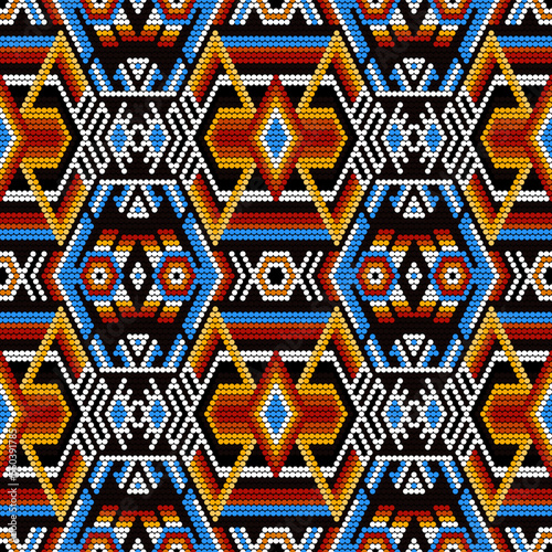 Tribal geometric ornament with Mexican Huichol art style. Native American beading. Ethnic seamless pattern.
