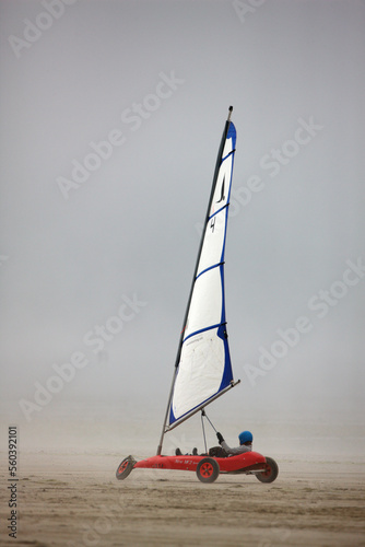 Sand yachting on the beach in the town of cherrueix. French Brittany photo