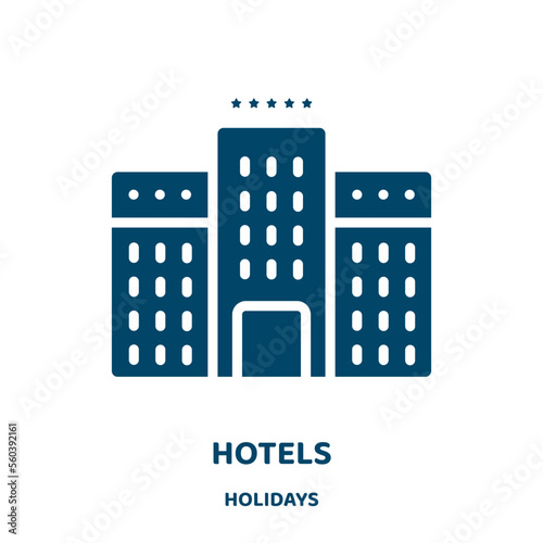 hotels vector icon from holidays collection. hotel filled flat symbol for mobile concept and web design. Black vacation glyph icon. Isolated sign, logo illustration. Vector graphics.