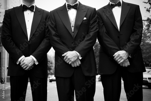 An image of three men from the neck down in tuxedos in the middle of the street. photo