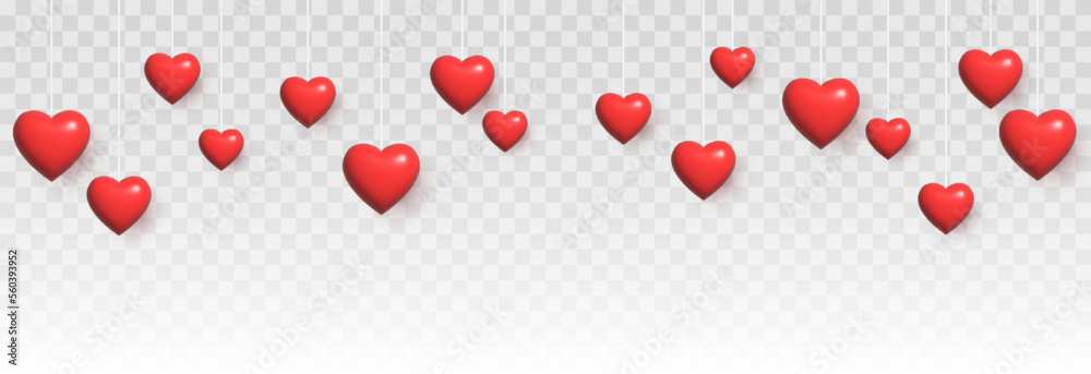 Vector realistic heart png. Hanging hearts png. Volumetric red hearts png. Love banner with hearts. Hearts for Valentine's Day, March 8, Mother's Day.