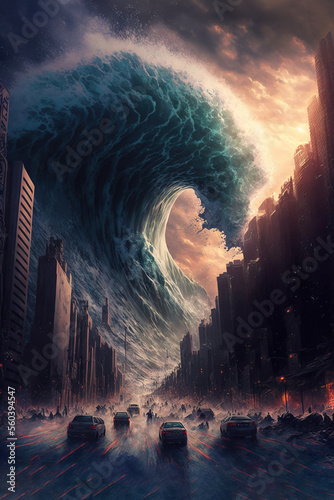 giant tsunami washing over a city, disaster, cataclysm, art illustration
