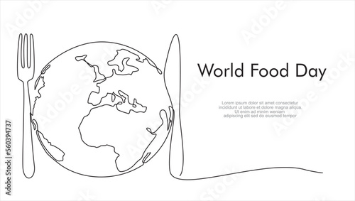 Continuous one single line drawing of Globe, knife and fork. World Food day isolated on white background. Vector Illustration.