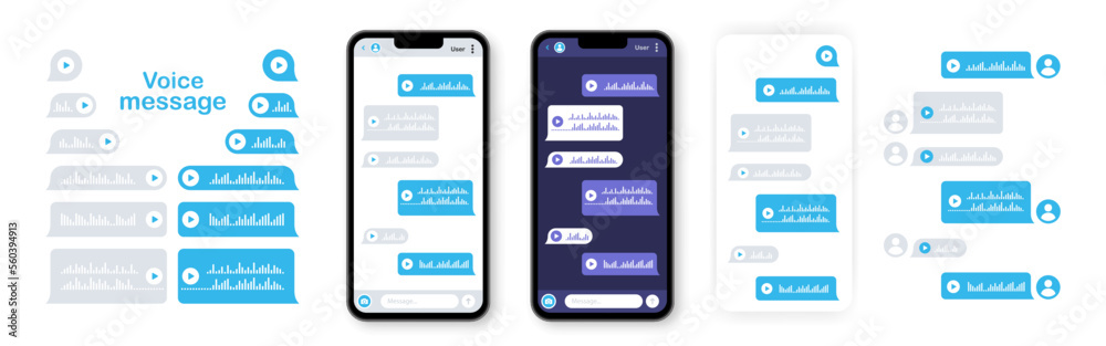 Voice message in smartphone mockup. Chat speech bubble template. Smartphone audio messenger. Vector illustration. Voice message in smartphone mockup. Chat speech bubble template. Smartphone audio messenger. Vector illustration.