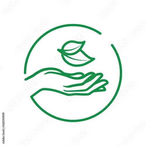 Hand hold a leaf of the plant. Eco friendly symbol. Vector illustration isolated on white background