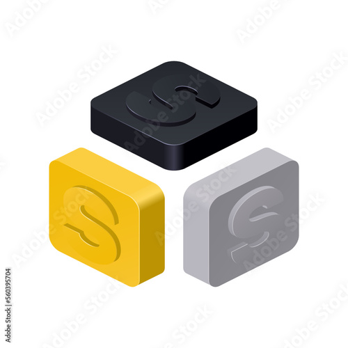 Bulk button with the letter S in isometry. Vector clipart