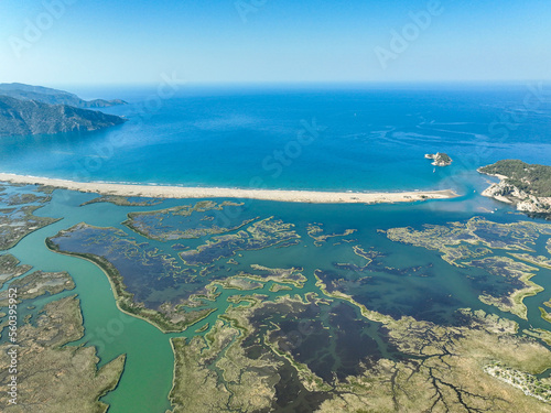 Caretta Beach on Dalyan Mugla, Iztuzu Beach, Turkey. Drone photo.