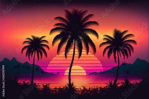 Synthwave sunset  landscape with palm trees  retro wave  generative ai.