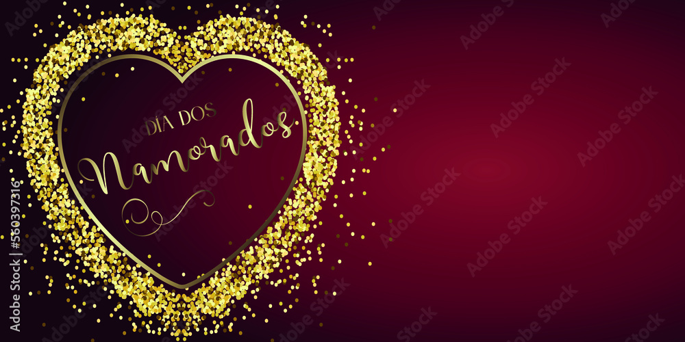 cartão ou banner em um feliz dia dos namorados na Borgonha em um coração de cor dourada em um fundo gradiente de Borgonha com glitter de cor dourada