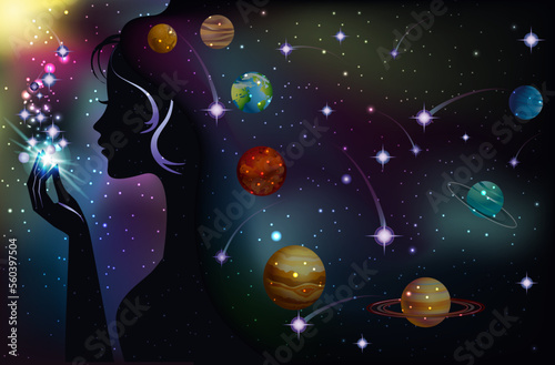 Birth of a star, Galaxy gril and planets, vector illustration