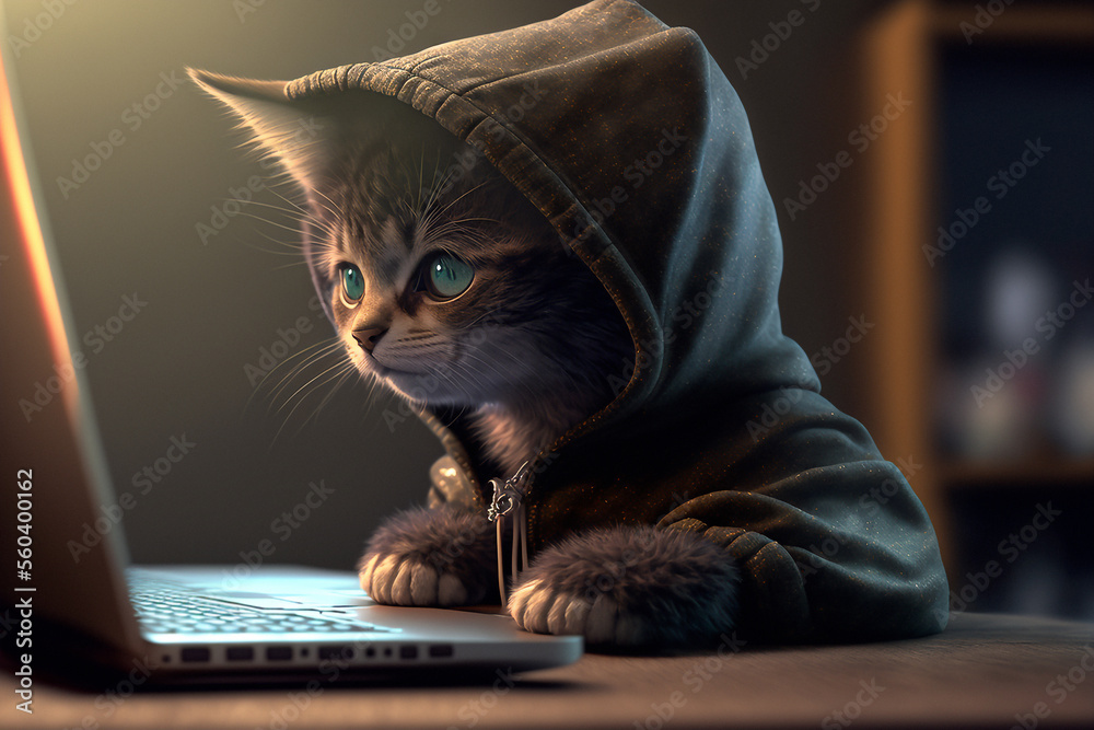 Anthropomorphic tiny cute and adorable baby cat, hacker, wearing a