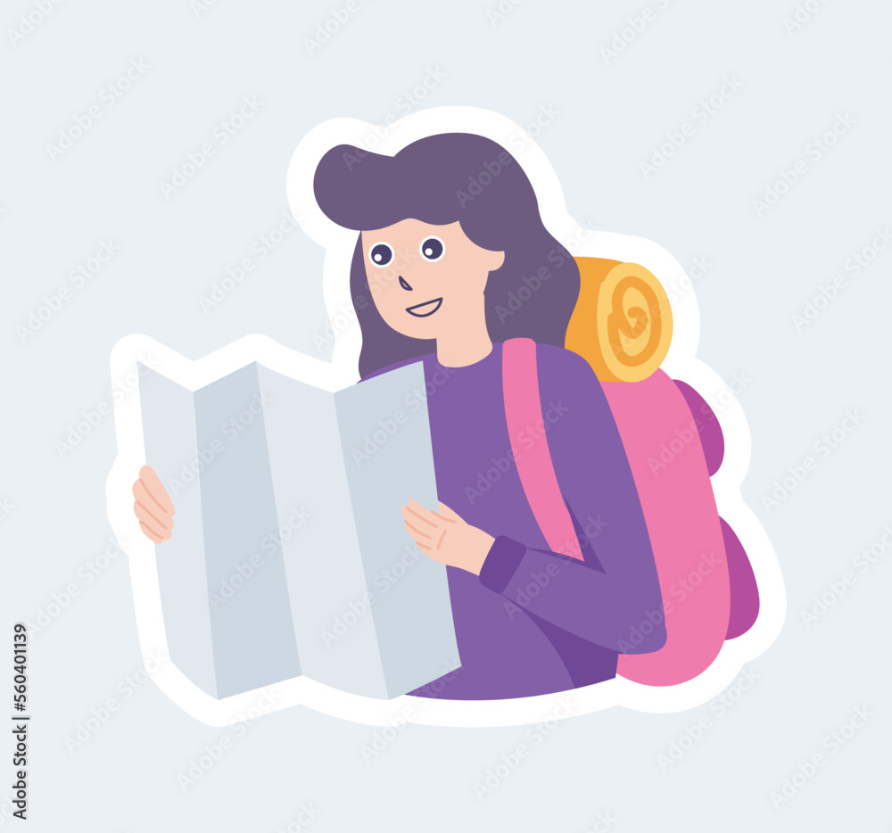 Happy woman with camping backpack holding map for hiking. Vector illustration in cartoon sticker design Happy woman with camping backpack holding map for hiking. Vector illustration in cartoon sticker design
