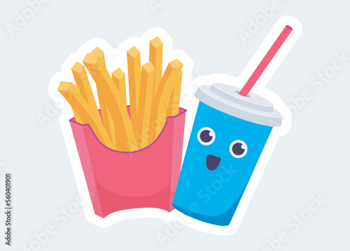 French fries and soda in cup with cute face. Fast food and takeaway. Vector illustration in cartoon sticker design
