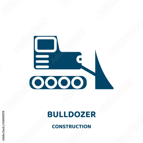 bulldozer vector icon from construction collection. truck filled flat symbol for mobile concept and web design. Black industry glyph icon. Isolated sign, logo illustration. Vector graphics.