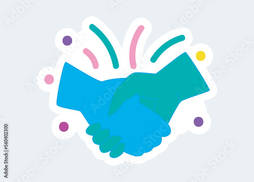 Human hands shake, gesture of agreement and business cooperation. Vector illustration in cartoon sticker design
