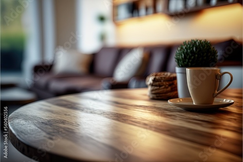 Wood tabletop blurred modern cozy living room  ai generated