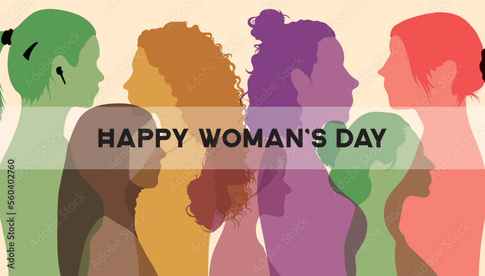 International Women's Day. A group of women of different ages stands together.  Flat Vector illustration