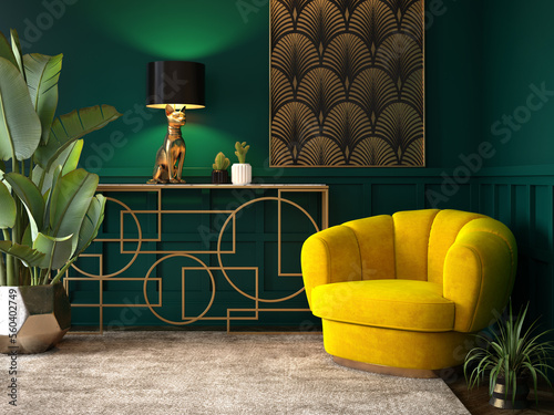 Luxury Interior. Modern art deco living room interior 3D illustration photo