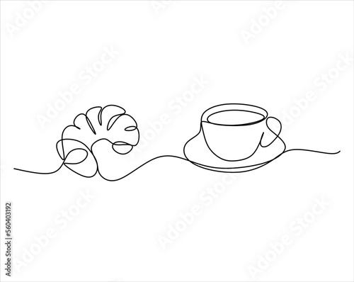 Invitation for coffee cup with croissant. Continuous line art drawing style. Black line sketch on white background. Vector illustration