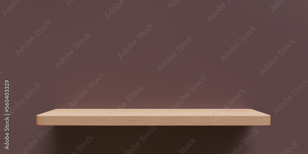 Wooden empty shelf on wenge color wall background. Exhibition equipment, space. 3d render