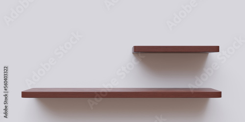 Fototapeta Naklejka Na Ścianę i Meble -  Two empty wooden shelf a small and a large isolated cutout on white color wall background. 3d render