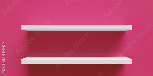 Two empty white shelf on magenta color wall background. Advertising template. 3d render
