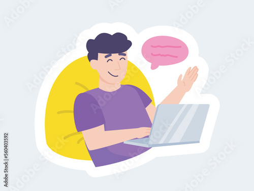 Happy man working on laptop or chatting online. Stay at home. Vector illustration in cartoon sticker design