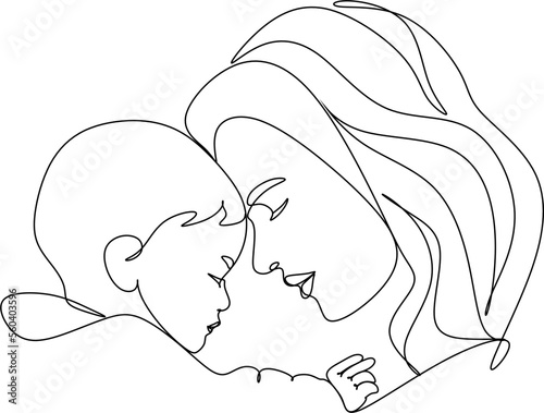 Happy mom with her female child in continuous line art drawing style. Mother and daughter hugging. Minimalist black linear sketch isolated on white background. Vector illustration