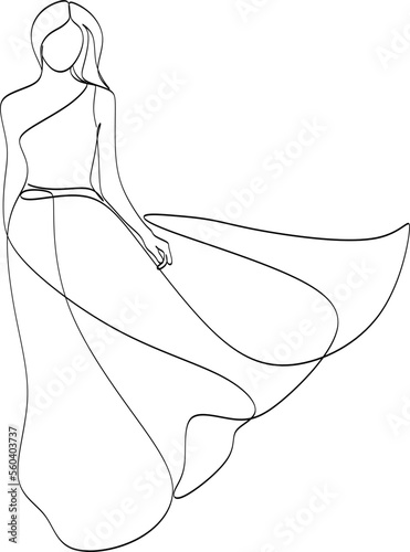 Beautiful woman in long flowing dress in continuous line art drawing style. Girl wearing luxury evening or bridal gown. Minimalist black linear sketch isolated on white background. Vector illustration