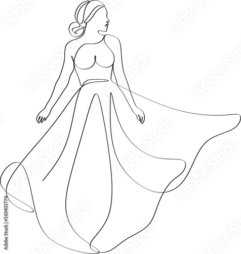 Beautiful woman in long flowing dress in continuous line art drawing style. Girl wearing luxury evening or bridal gown. Minimalist black linear sketch isolated on white background. Vector illustration