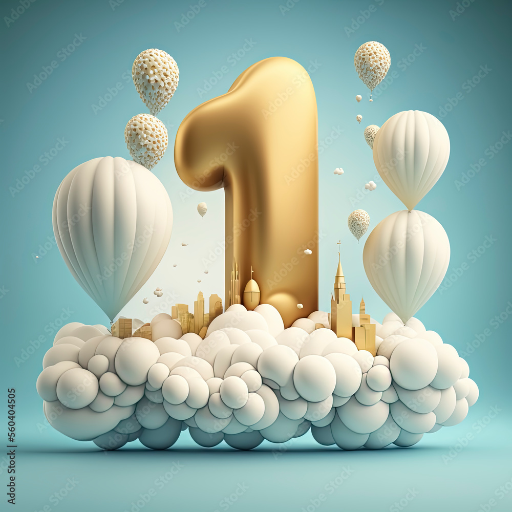 boys 1st first birthday theme large gold number 1 on bubble cloud with
