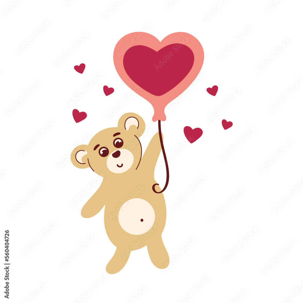 Teddy bear with balloon clip art. Cute teddy bear with heart. Romance and love concept. Valentine day vector illustration. Funny baby character animal