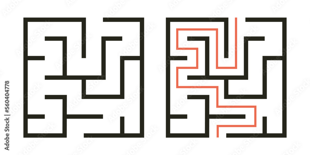 Abstract maze. Find right way. Isolated simple square maze black line on white background. Vector illustration. Abstract maze. Find right way. Isolated simple square maze black line on white background. Vector illustration.