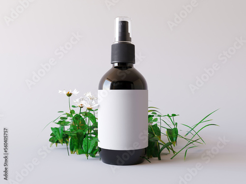 Amber Spray Bottle Mockup 3D render Illustration isolated on grey background. Empty Blank label for your design. Mock up hydrolate with chamomile flowers, chamomile cosmetic water, natural cosmetic  photo
