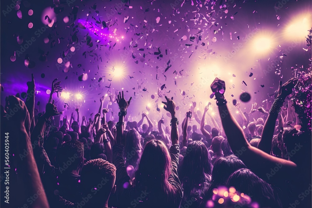  party people dancing purple lights confetti flying everywhere nightclub, ai generated - obrazy, fototapety, plakaty 