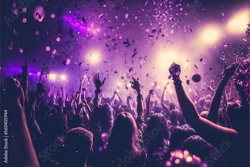  party people dancing purple lights confetti flying everywhere nightclub, ai generated