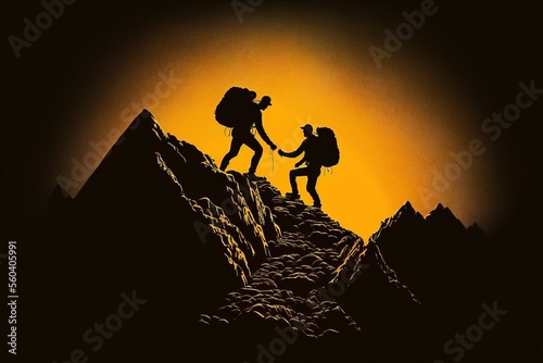 Help and assistance concept, Silhouettes of two people climbing , ai generated