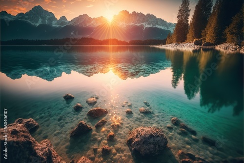 Impressive summer sunrise on Eibsee lake with Zugspitze mountain range, ai generated