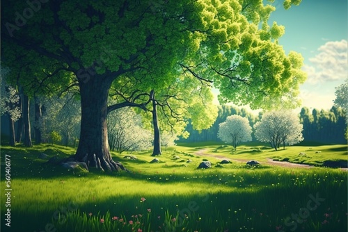 Spring Nature. Beautiful Landscape  Green Grass and Trees   ai generated