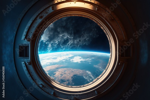 View from a porthole of space station on the Earth , ai generated