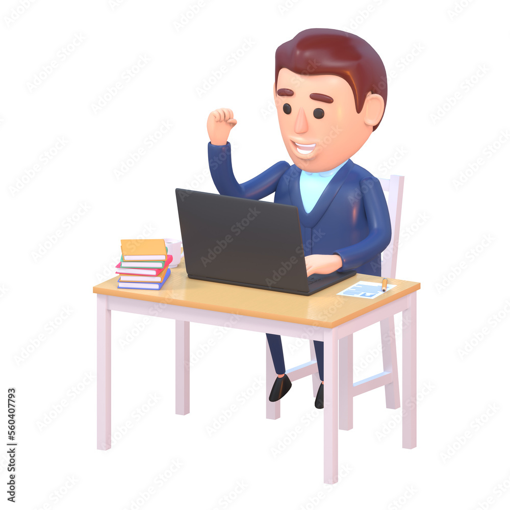 3d render of businessman in office celebrating success, achievement at work 3d render of businessman in office celebrating success, achievement at work