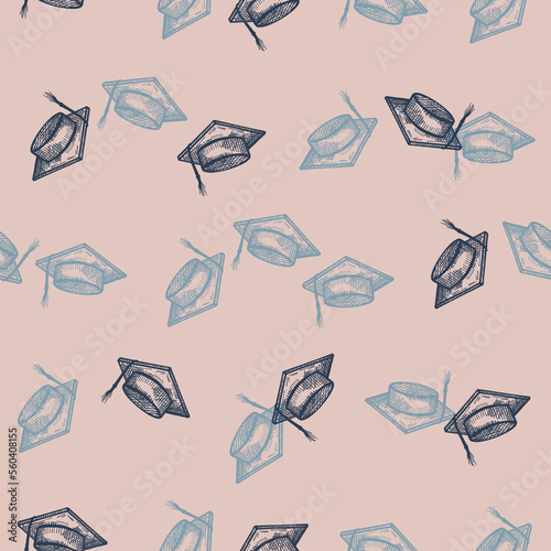 Graduate hat engraved seamless pattern. Vintage element education in hand drawn style. Sketch texture for fabric, wallpaper, textile, print, title, wrapping paper. Vector illustration.