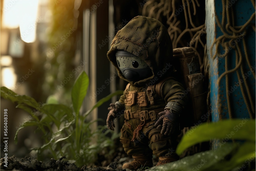 Photorealistic scene of a doll exploring an overgrown post-apocalyptic landscape, made with Generative AI