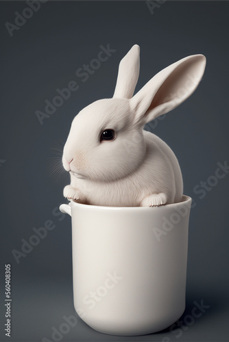 coffee mug mockup with rabbit on grey background. AI Generated mockup of a cartoonish rabbit hold coffee mug. Blank Cup mock up. © shevtsovy